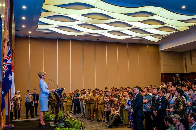 Ms Bishop speaking at the opening event in the Saoraja Ballroom, Wisma Kalla. Photo: DFAT/Timothy Tobing